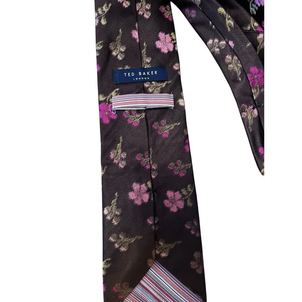 Ted Baker London Men's Silk Necktie Brown Pink Flowers Floral Made‎ In USA
